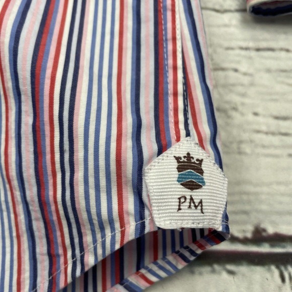 Peter Millar Men Button Down Shirt Size 16 Long Pink Blue Striped Long Sleeve - Picture 7 of 14